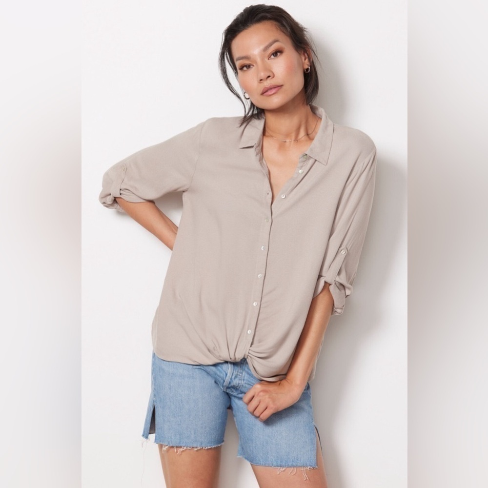 Bobi- Light Tan Button up blouse with twist knot-Size M